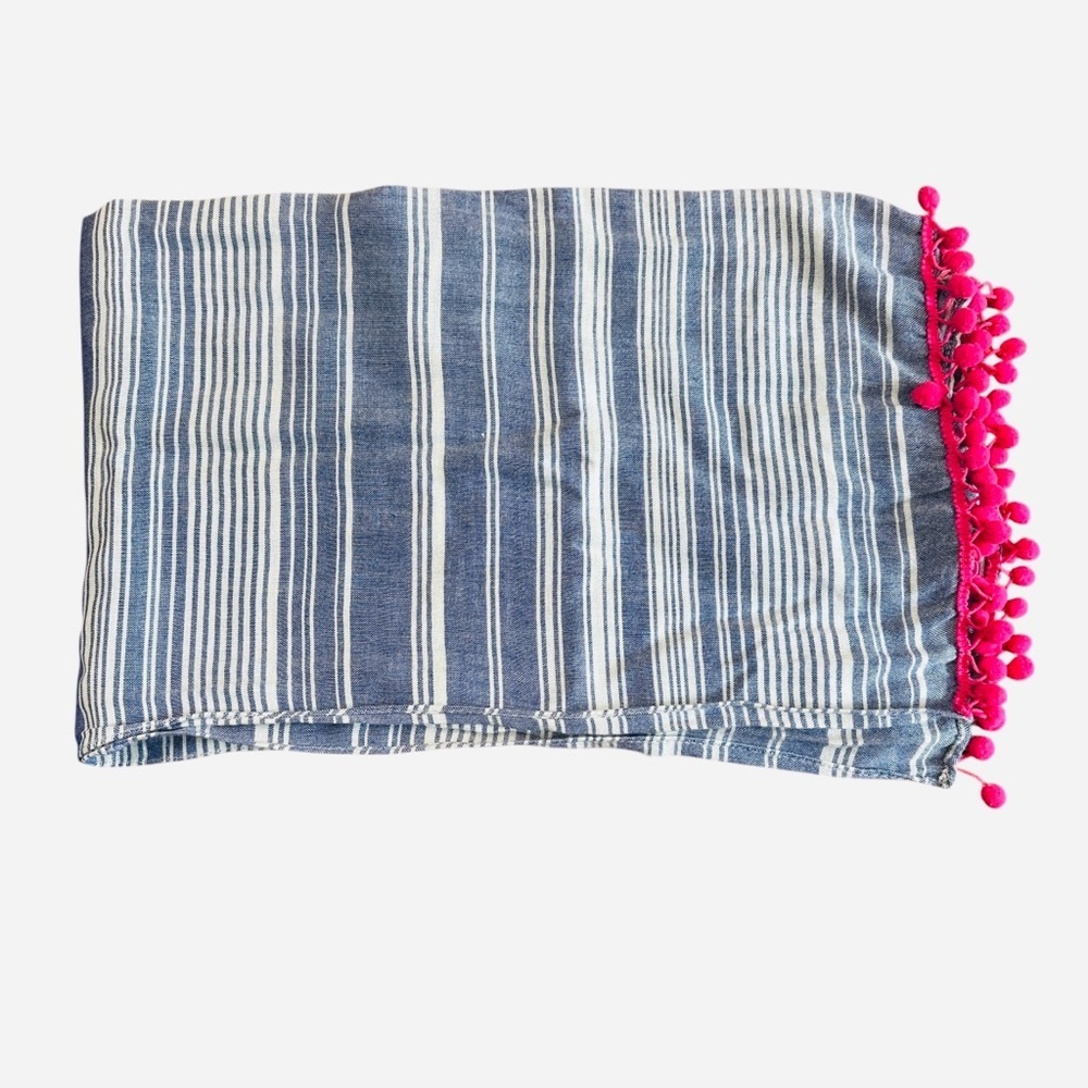 Blue and white striped spring summer scarf with pink pom pom trim - Picture 2 of 5
